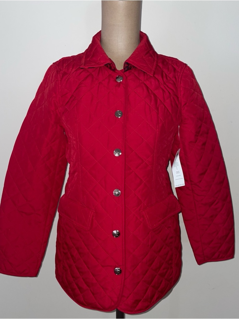 Chico's Quilted Crimson Button-Front Puffer NWT -snap button -pockets-0/2 size